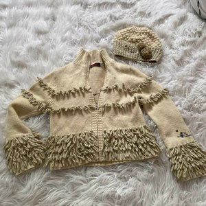CATIMINI "SPIRIT CITY" FRINGE CARDIGAN SWEATER HAT SET GIRLS SIZE 126 US 8-